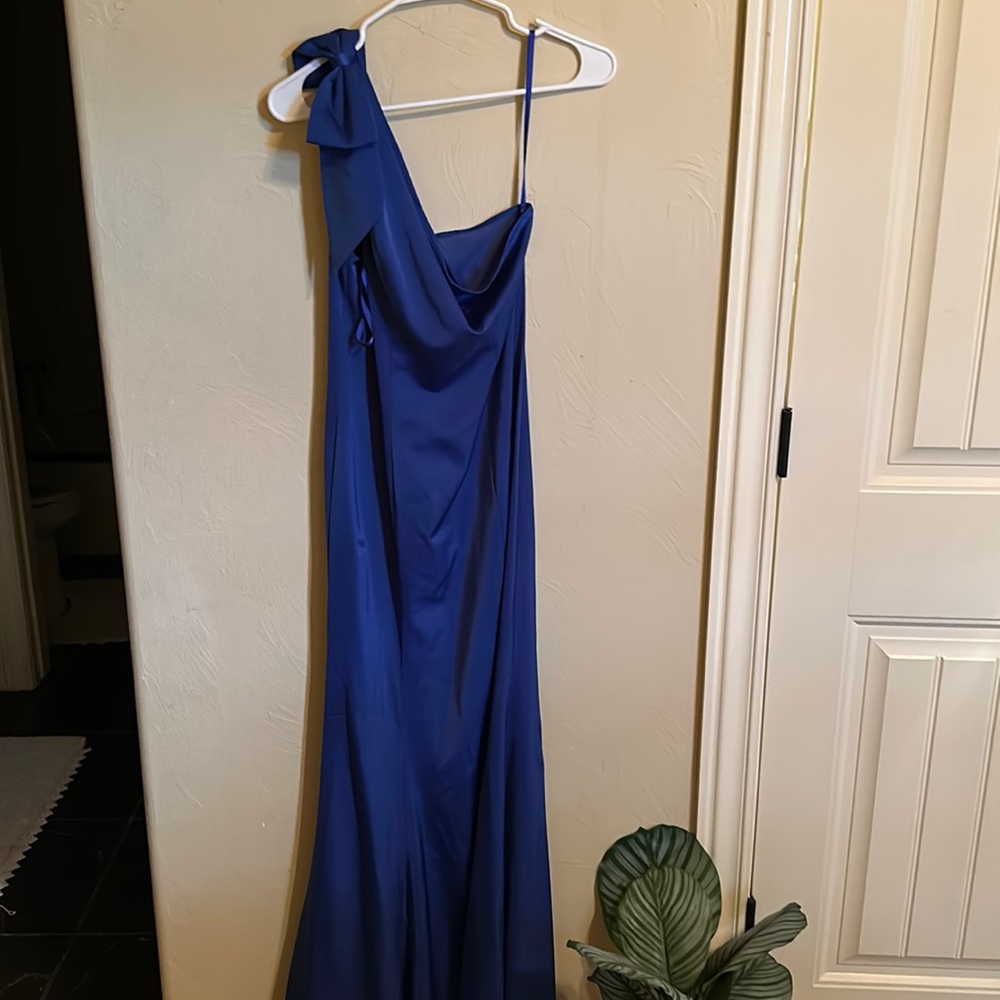 one shoulder bow blue maxi dress